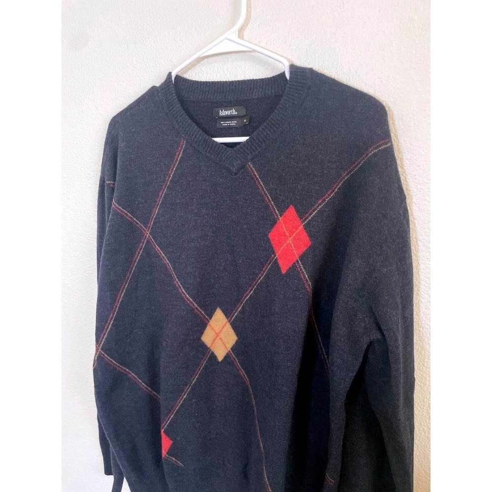 Ashworth Mens‎ XL V-Neck Argyle Sweater 100% Merino Wool Classic Pullover